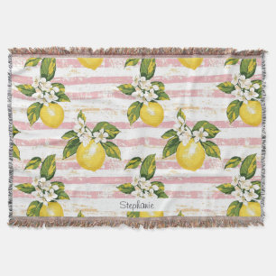 Vintage Lemons & Blooms on Pink and White Stripes Throw Blanket