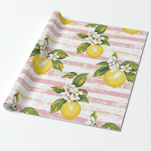 Vintage Lemons & Blooms on Pink and White Stripes Wrapping Paper