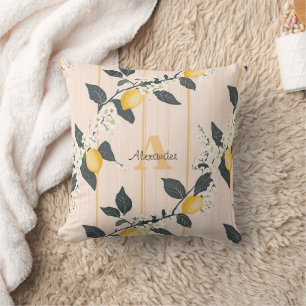 Vintage Lemons & Blooms on Pink Stripes Cushion