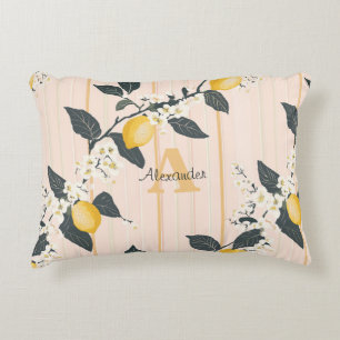 Vintage Lemons & Blooms on Pink Stripes Decorative Cushion