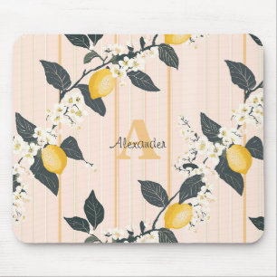 Vintage Lemons & Blooms on Pink Stripes Mouse Pad