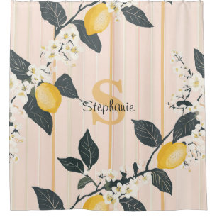 Vintage Lemons & Blooms on Pink Stripes Shower Curtain
