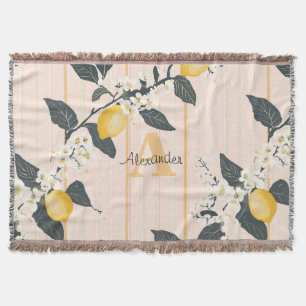 Vintage Lemons & Blooms on Pink Stripes Throw Blanket