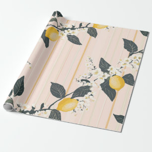 Vintage Lemons & Blooms on Pink Stripes Wrapping Paper