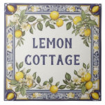 Vintage Lemons Custom House Name Plate Plaque Sign Ceramic Tile<br><div class="desc">custom house name plate, personalised house name plaque, personal customised text sign, lemon farm casa ceramic tile, mediterranean green yellow lemons fruit, traditional portuguese spanish nature, last family name surname, italian farmhouse home signage, decorative antique rustic farming villa, blue and white vintage art</div>