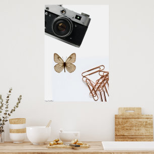 Vintage Lens & Golden Flight: Minimalist Collage Poster