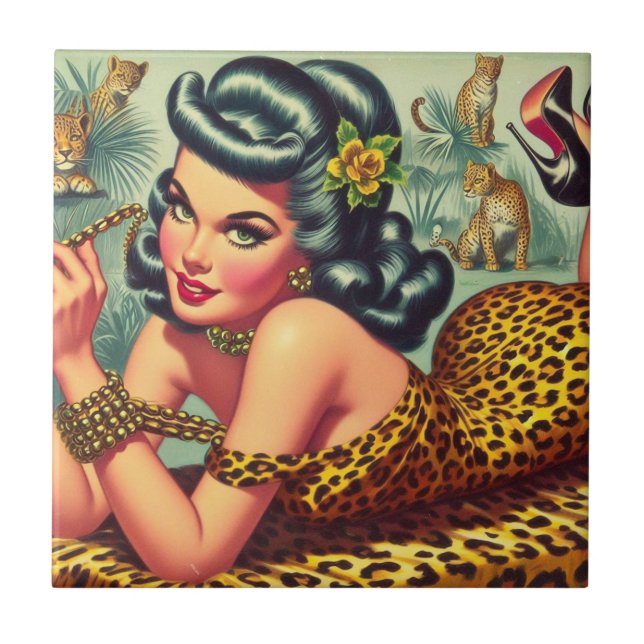 Vintage Leopar Print Pin Up Ceramic Tile (Front)
