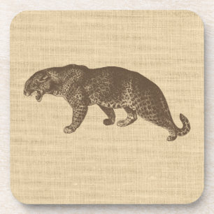 Vintage Leopard Illustration on Burlap Coaster