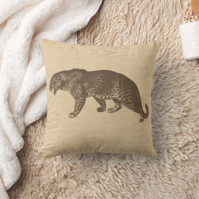 Vintage Leopard Illustration on Burlap  Cushion (Blanket)
