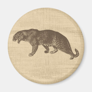 Vintage Leopard Illustration on Burlap Magnet