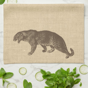 Vintage Leopard Illustration on Burlap  Tea Towel
