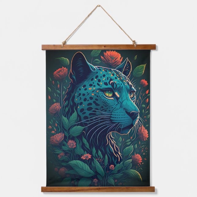 Vintage Leopard with Flowers Hanging Tapestry (Front)