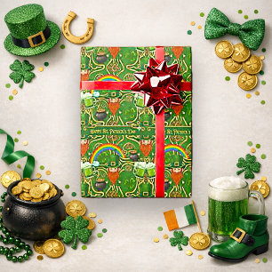 Vintage Leprechaun & Rainbow Green Celtic Pattern Wrapping Paper
