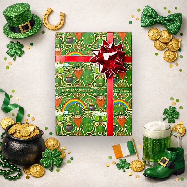 Vintage Leprechaun & Rainbow Green Celtic Pattern Wrapping Paper (Creator Uploaded)