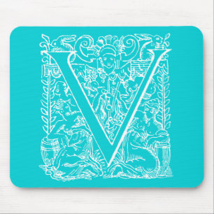 Vintage Letter V Monogram Aqua Teal Neon Blue "V" Mouse Pad