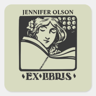 Vintage letterpress deco bookplate ex-libris square sticker