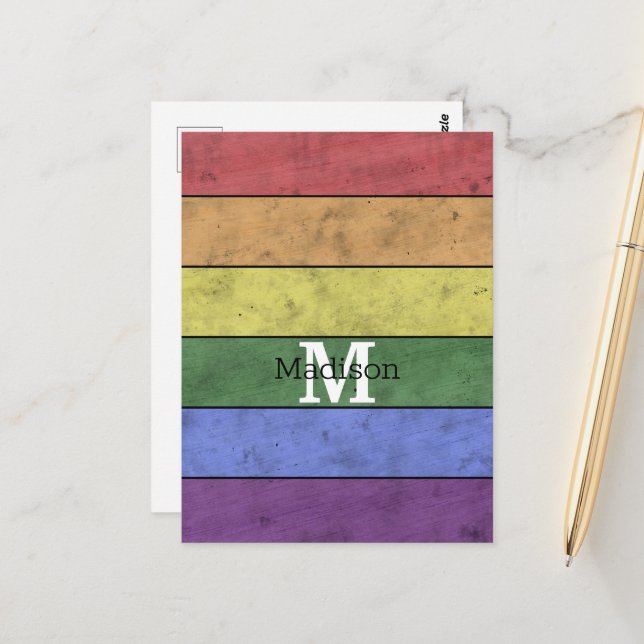 Vintage LGBT flag pride distresed rainbow Monogram Postcard (Front/Back In Situ)