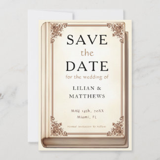 Vintage Library Book Elegant Scrollwork Fairytale Save The Date