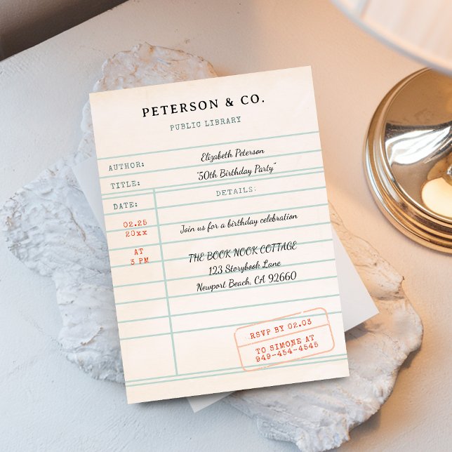 Vintage Library Card Book Lover Bookish Birthday (book lover birthday party invitation library card vintage bookworm literary librarian chic script)