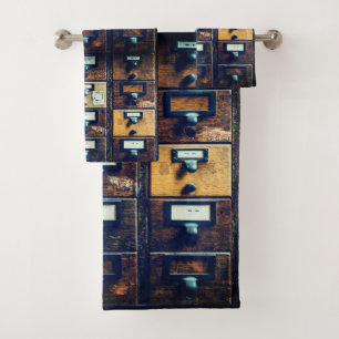 Vintage library card catalogue wood cabinet bath towel set