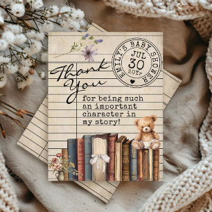 Vintage Library Card Floral Books Bear Baby Shower