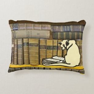 Vintage Library Cat Reading Book Decorative Cushion