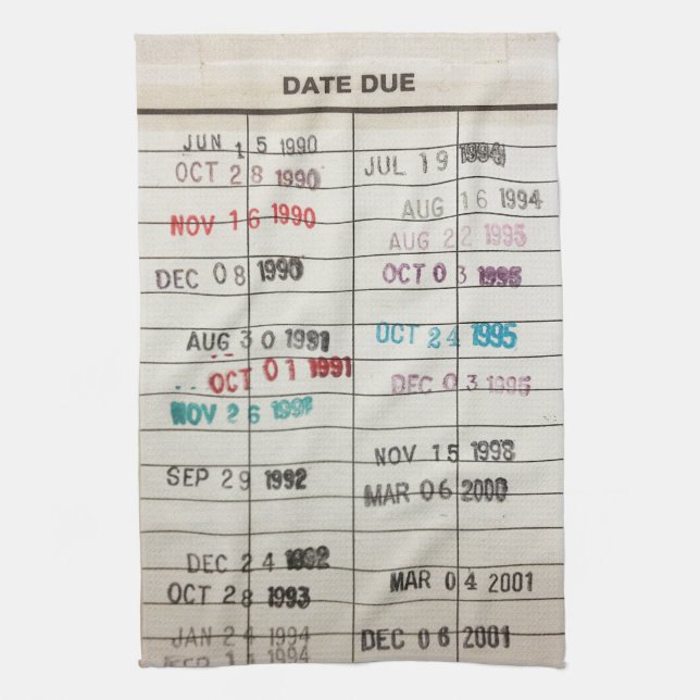 Vintage Library Due Date Cards Tea Towel (Vertical)