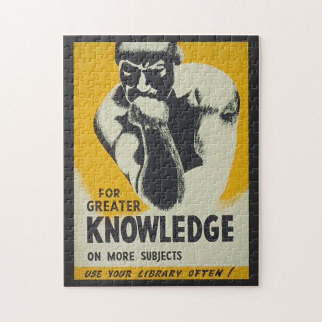 Vintage Library Knowledge Thinker Statue Poster Jigsaw Puzzle (Vertical)