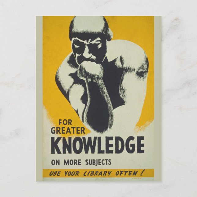 Vintage Library Poster Thinker Statue Librarian Postcard (Front)