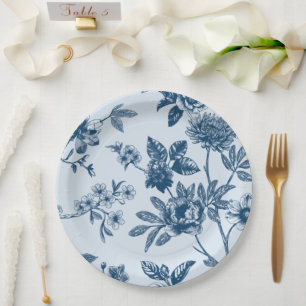 Vintage Ligh Blue Floral Toile Pattern Paper Plate