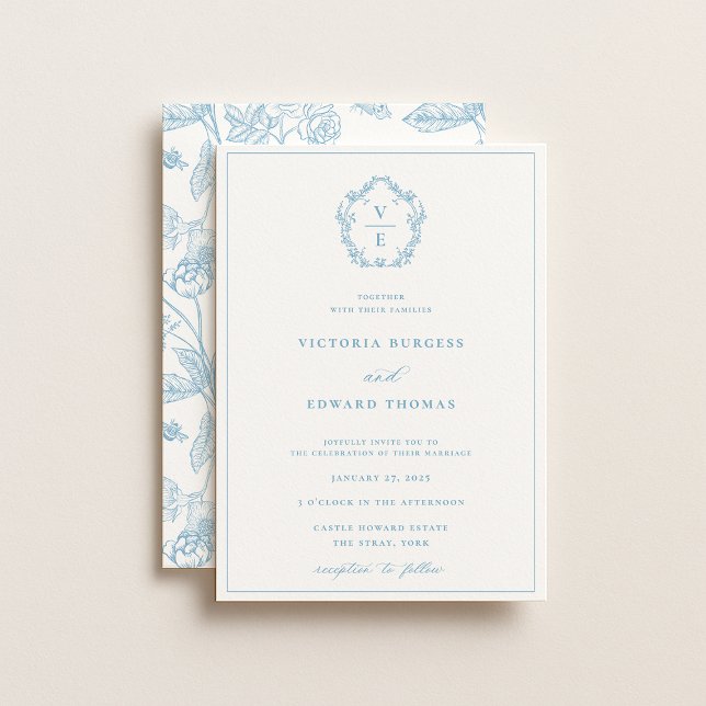 Vintage Light Blue Crest Monogram Wedding Invitation (Creator Uploaded)