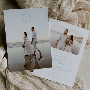 Vintage Light Blue Monogram Crest Wedding Photo Thank You Card