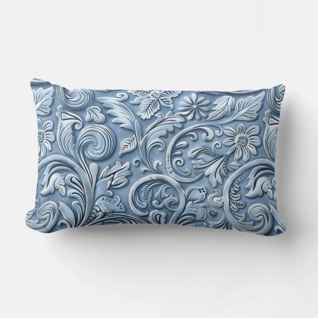 Vintage light blue tooled leather lumbar cushion (Front)