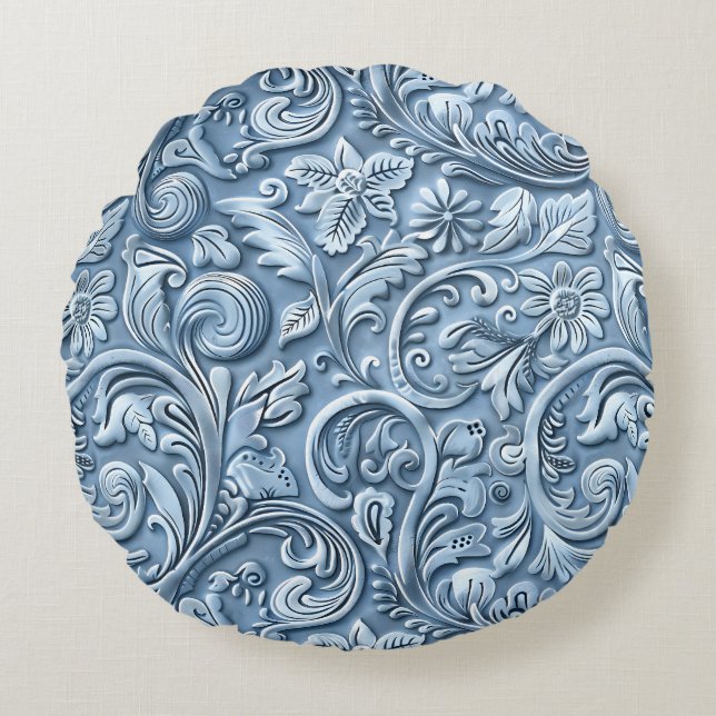 Vintage light blue tooled leather round cushion (Front)