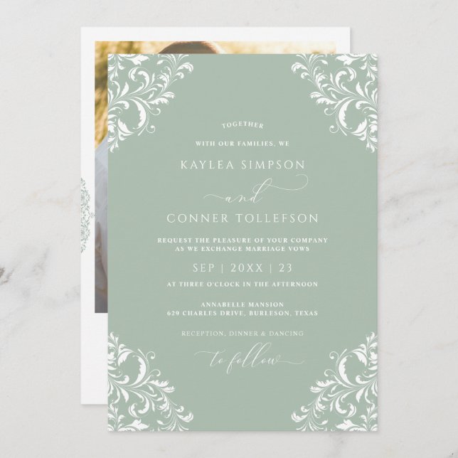 Vintage Light Sage Green Elegant Photo Wedding Invitation (Front/Back)