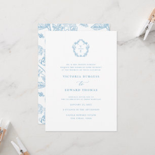Vintage Light Sky Blue Crest Monogram Wedding Invitation