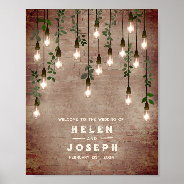 Vintage Lightbulbs Rustic Brick Wedding Welcome Poster (Front)