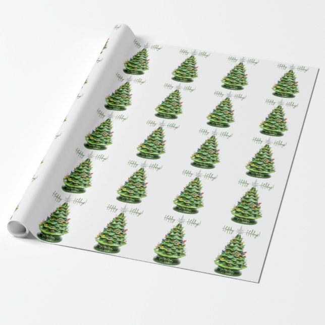 Vintage Lighted Ceramic Christmas Tree Wrapping Paper (Unrolled)