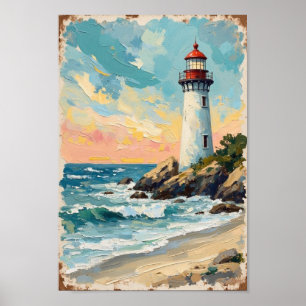 Vintage Lighthouse Coastal Landscape Art Poster