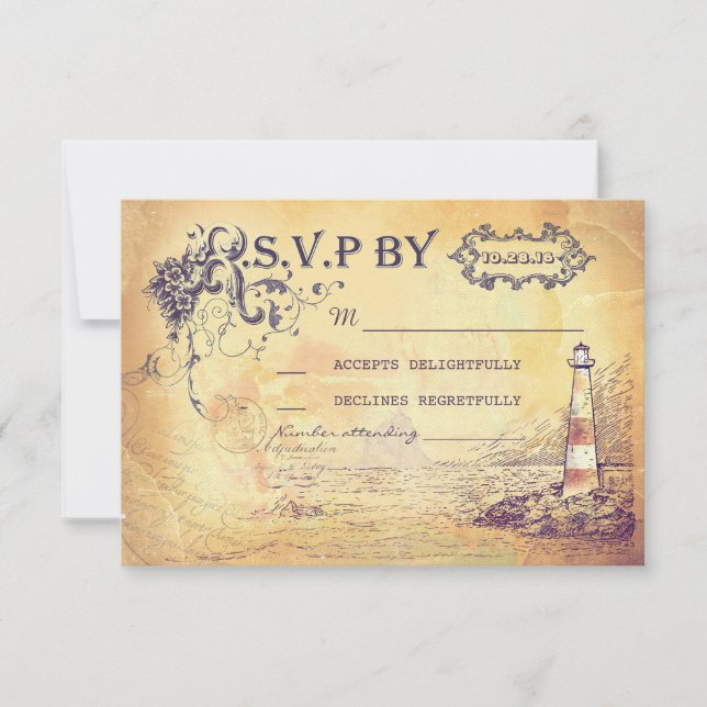 Vintage lighthouse nautical wedding RSVP cards (Front)