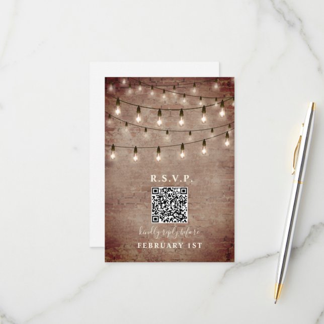 Vintage Lights Brick Wedding QR RSVP Card (Front/Back In Situ)