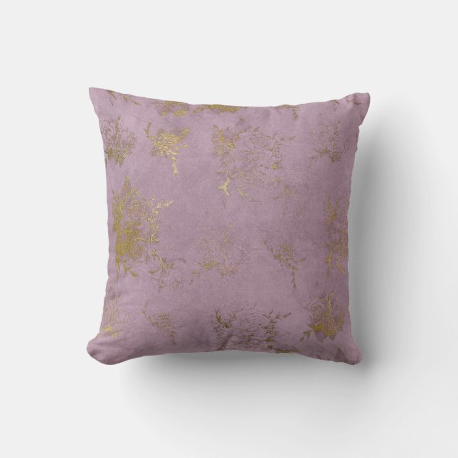 Vintage Lilac Damask Gold Rose Pillow (Front)