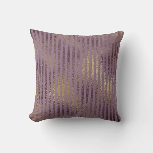 Vintage Lilac Floral Damask Gold Stripes Pillow (Front)