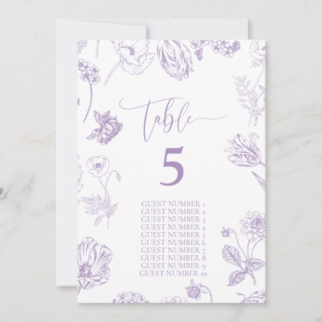 Vintage Lilac Floral Guest Names Table Number (Front)
