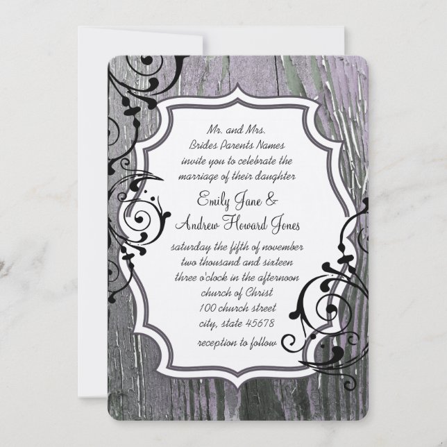 Vintage Lilac Old Barn Wood Swirl Wedding Invitation (Front)