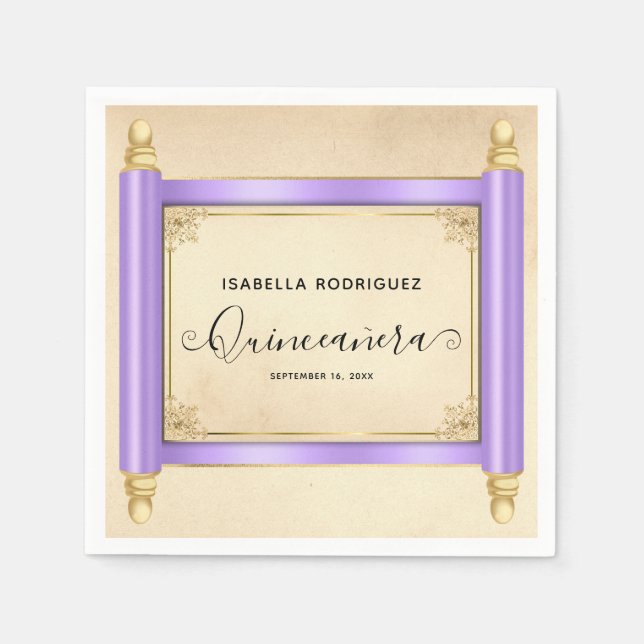 Vintage Lilac Scroll Quinceañera Napkin (Front)