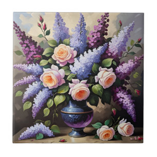 Vintage lilacs and roses in vase ceramic tile