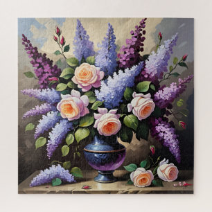 Vintage lilacs and roses in vase jigsaw puzzle