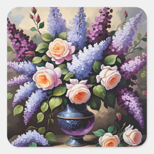 Vintage lilacs and roses in vase square sticker