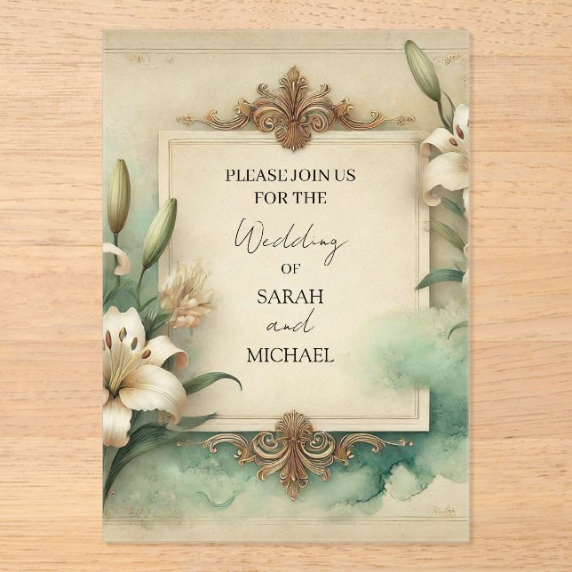 vintage lilies wedding acrylic invitations (Front)